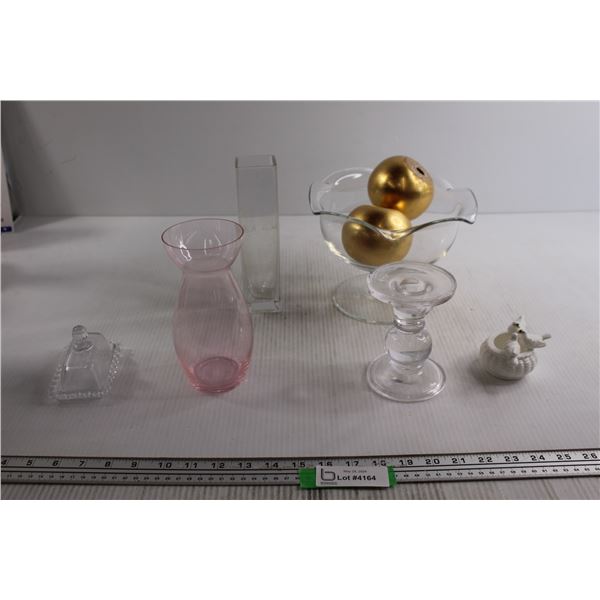 (2) Vases, Tiny Butter Dish, Misc.