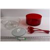 Image 1 : Chip and Dip Bowl, Red Glass Bowl with Salad Tossers, Round Mirror