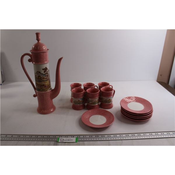 Pink Teapot, (6) Mugs with Saucers - Some Chips