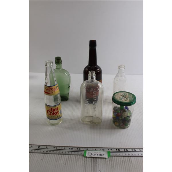 (5) Bottles, Jar of Marbles