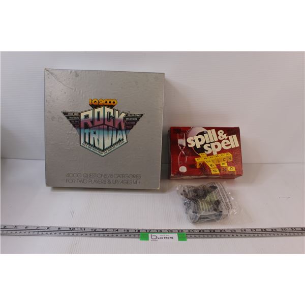 (2) Board Games: Rock Manis & Spill and Spell, Mulan Villain McDonalds Toy (Board Games are As Is)