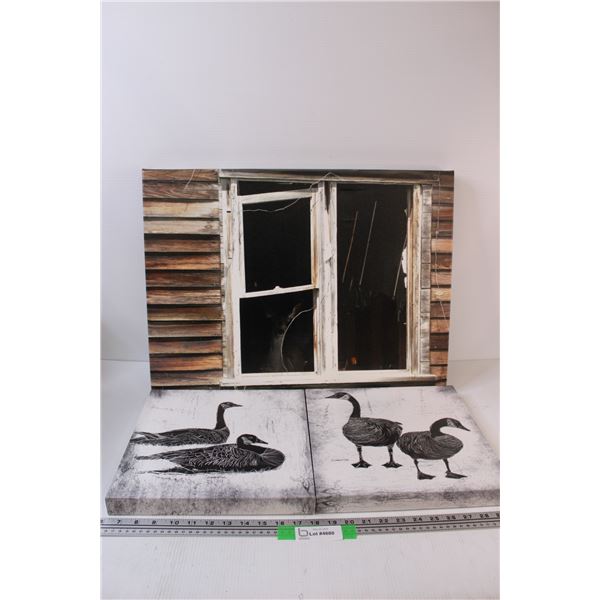 (2) Canadian Goose Print on Canvas (12"x12"), Deer in House Print on Canvas (24"x18")