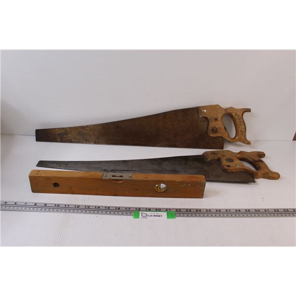 (2) Vintage 26" Wood Hand Saws, Vintage Wood Level
