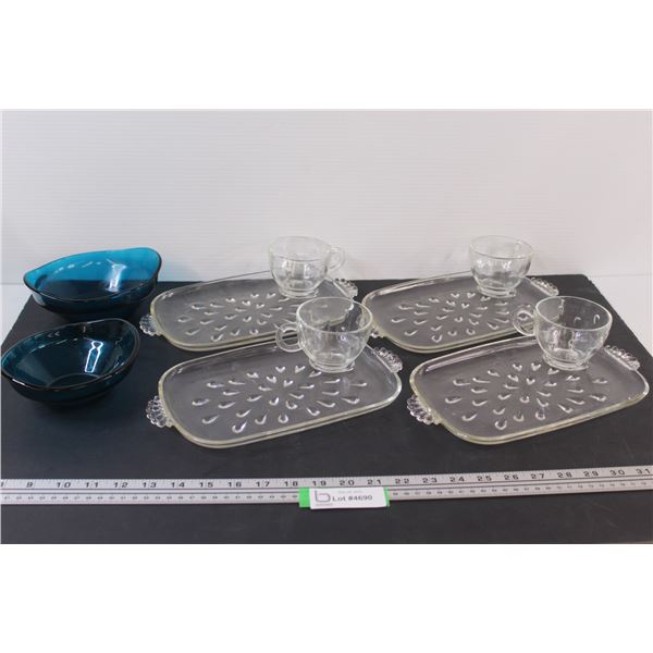 (4) Dainty Sets, (2) Blue Glass Serving Bowls