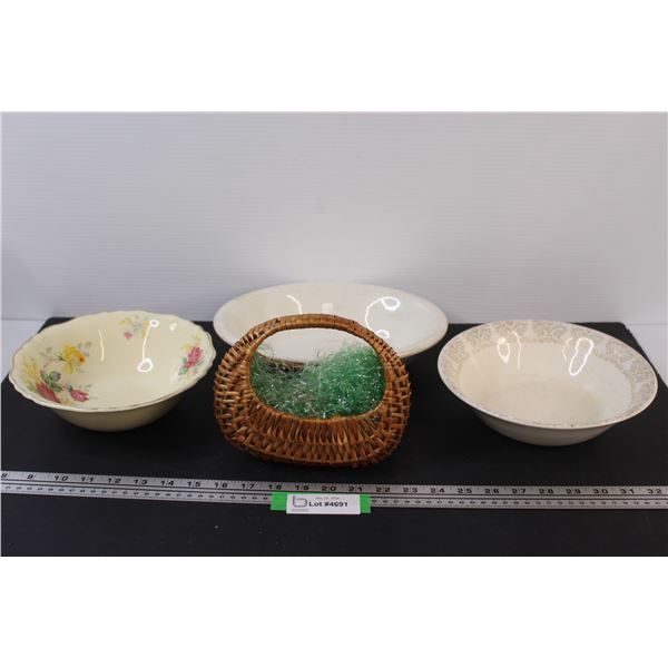 (3) Serving Bowls & Decorative Wicker Basket