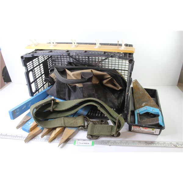 Plastic Crate - Tool Bag - Hand Saw - Belt w/Clasps - Stakes - Coat Rack - Paint Tray