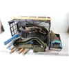 Image 1 : Plastic Crate - Tool Bag - Hand Saw - Belt w/Clasps - Stakes - Coat Rack - Paint Tray
