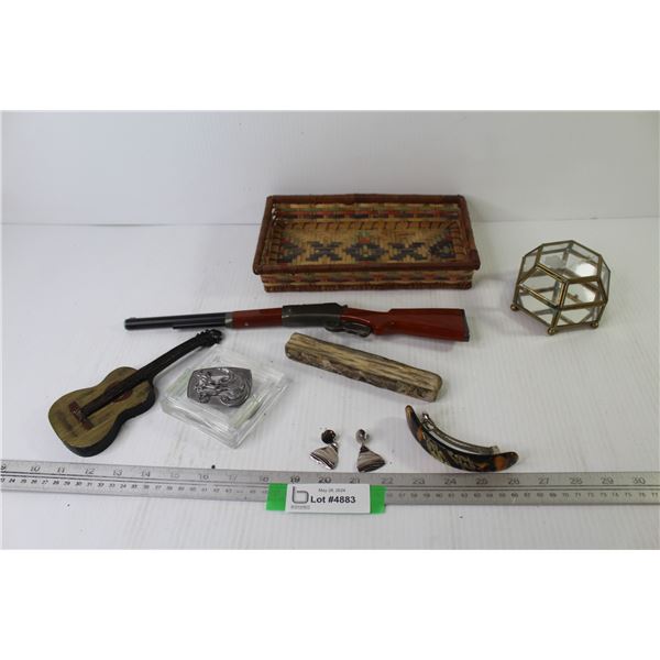 Hair Clip & Earrings - Rifle Lighter - Glass Jewelry Case - Small Basket - Misc. Items