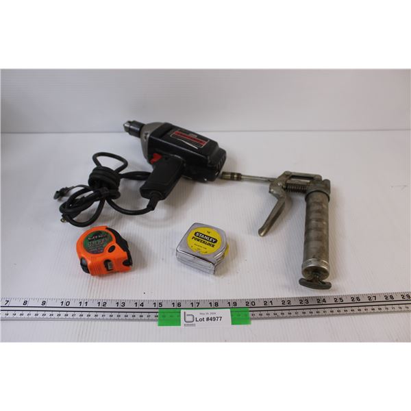 Grease Gun, Craftsman Drill (Untested), (2) Measuring Tapes
