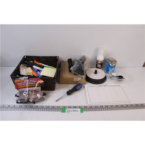 Basket w/Stationary Items, Safety Glasses, Universal Laptop Charger, Misc.