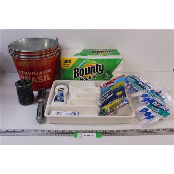(4) Plastic Spoons (NIB), (4) Beer Buckets, Napkins (NIB), Cutlery Organizer, Misc.