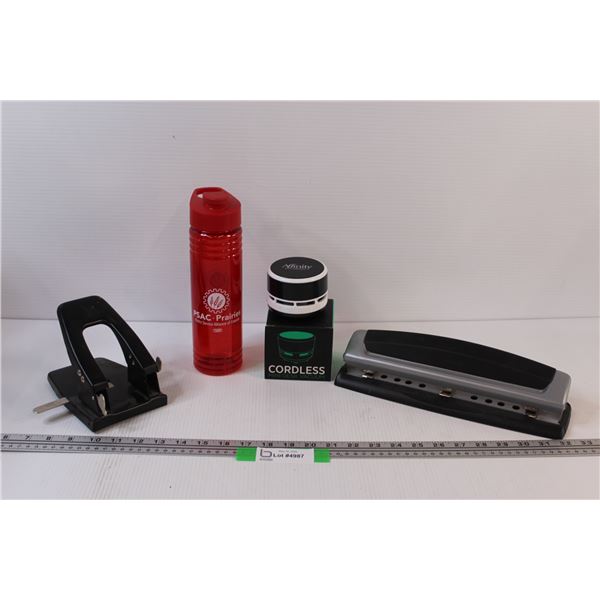 (2) Hole Punches, Water Bottle, Mini Desk Vacuum