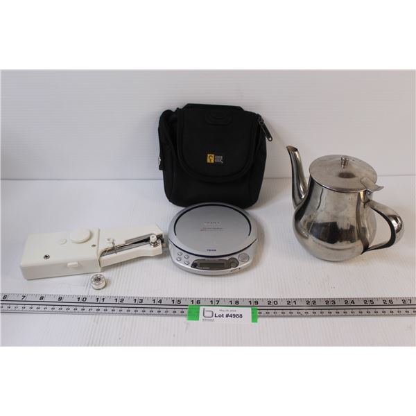Portable Handheld Sewing Machine (As Is), Sony Discman w/Case (Untested), Teapot
