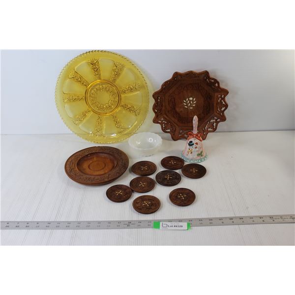 Wooden Carved Plates & Coasters, Glass Tray, Misc.