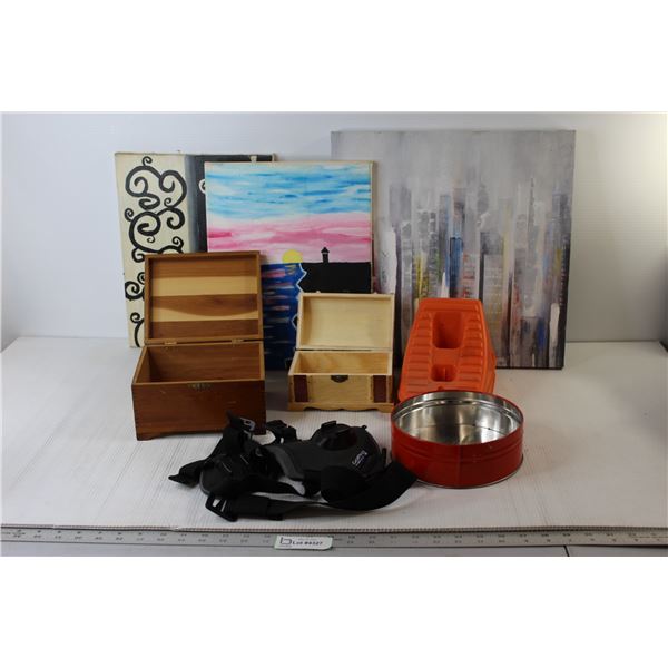 (3)Painted Canvases, (2) Miniature Chests, Go Pro Band, Misc.