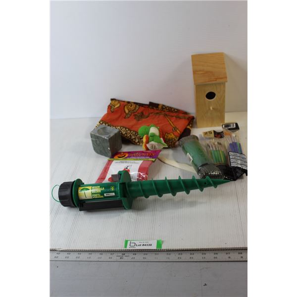 Amiibo Yoshi, Wall Tapestry, Paint Brushes, Wooden Bird House, Misc.