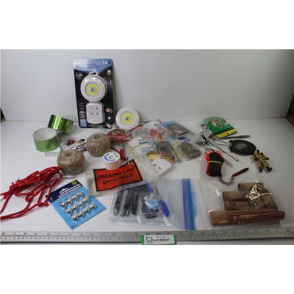 Tapes - (2) Balls of String - Thumb Tacks - Hooks - LED Lights - Misc. Items