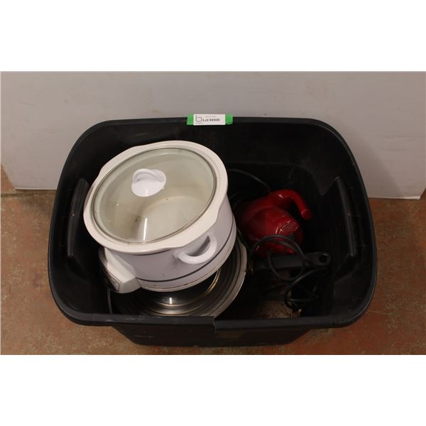 *Tote (no lid) w/Rival Crock Pot (powers on) - Frying Pan w/Lid - Dynamo Dirt Devil Vacuum (works) -
