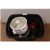 Image 1 : *Tote (no lid) w/Rival Crock Pot (powers on) - Frying Pan w/Lid - Dynamo Dirt Devil Vacuum (works) -