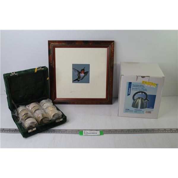 Framed Humming Bird Picture - Stainless Steel Kettle (looks unused) - Brass Napkin Rings in Case
