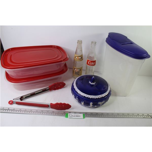 (2) Rubber Maid Containers - Plastic Jug - Ceramic Dish w/Lid - Tongs - Hires Rootbeer Bottle - Coca