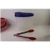 Image 5 : (2) Rubber Maid Containers - Plastic Jug - Ceramic Dish w/Lid - Tongs - Hires Rootbeer Bottle - Coca