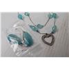 Image 2 : Aqua- Agate Tear Drop Earrings & Necklace w/Heart Pendant