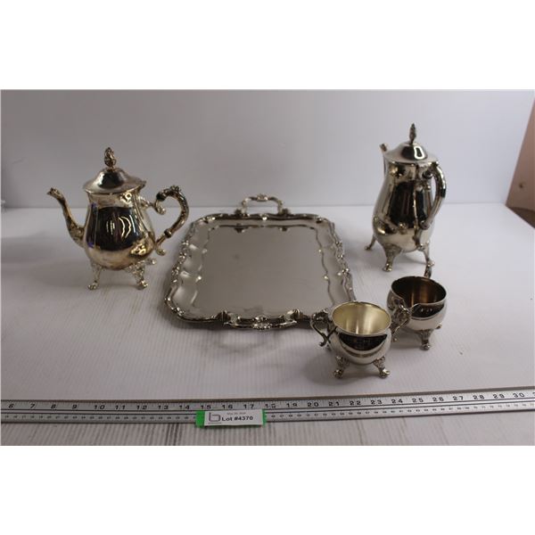 Silverplated Tray, (2) Teapots, and Cream & Sugar