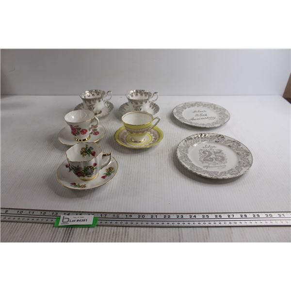 (5) Teacups with Saucers - Windsor, (2) 25th Anniversary Decorative Plates