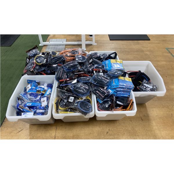 6 BINS OF RIPCORD RESISTANCE BANDS AND LEGCORDS AND ONE BIN OF STRETCH BUDDY STRAPS