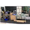 Image 1 : ROOM DIVIDER, 3 TABLES, HUTCH, OFFICE SUPPLIES, BOLT CUTTERS AND MORE