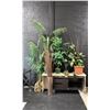 Image 1 : HALL TABLE, HUTCH WITH 2 DRAWERS AND GLASS SHELF AND ASSORTED FAUX PLANTS