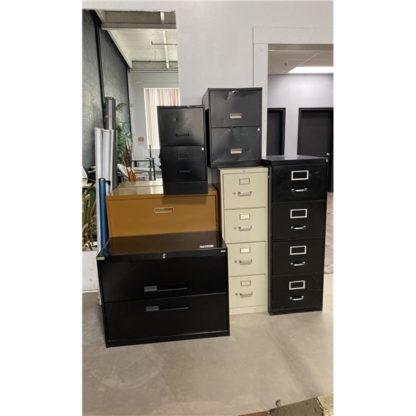 6 METAL FILE CABINETS AND 4 PROJECTOR SCREENS