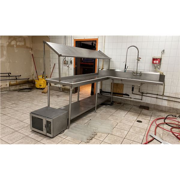 STAINLESS STEEL PREP STATION WITH SINK (ALREADY DISCONNECTED) APPROX 85 X 94" AND AMANA COMMERCIAL