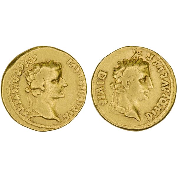 ROMAN EMPIRE: Tiberius, 14-37 AD, AV aureus (7.49g), Lugdunum, 14-16 AD, F-VF