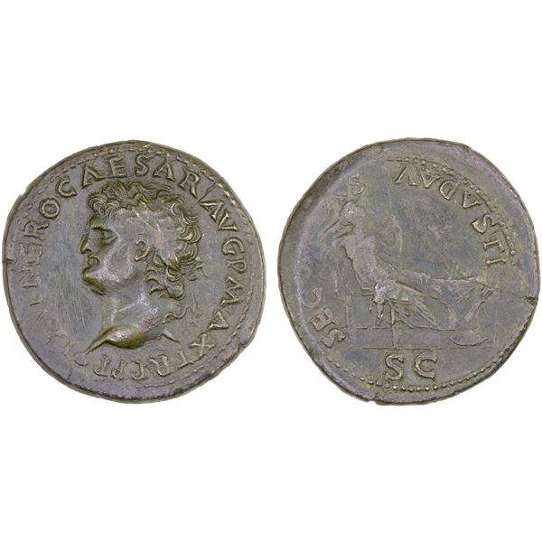 ROMAN EMPIRE: Nero, 54-68 AD, AE dupondius (12.40g), Lugdunum, 66 AD, Choice VF