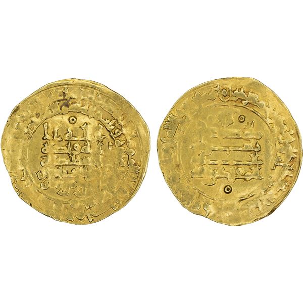 ABBASID: al-Muqtadir, 908-932, AV dinar (3.66g), Qumm, AH319, pleasant VF