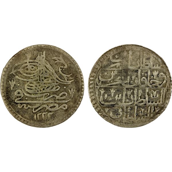 EGYPT: Mustafa IV, 1807-1808, AR qirsh (40 para) (7.42g), Misr, AH1222 year 1, VF