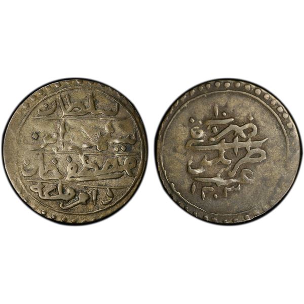 TRIPOLI: Selim III, 1789-1807, AR 10 para (2.63g), Tarabulus Gharb, AH1203 year 10, PCGS EF40