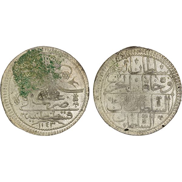 TURKEY: Mahmud I, 1730-1754, AR kurush (23.74g), AH1143, XF-AU