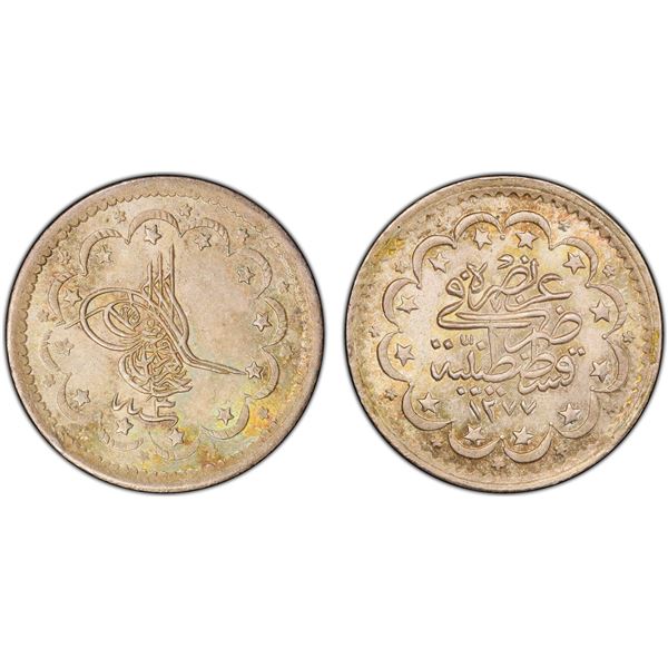 TURKEY: Abdul Aziz, 1861-1876, AR 5 kurush, Kostantiniye, AH1277 year 3, PCGS MS64