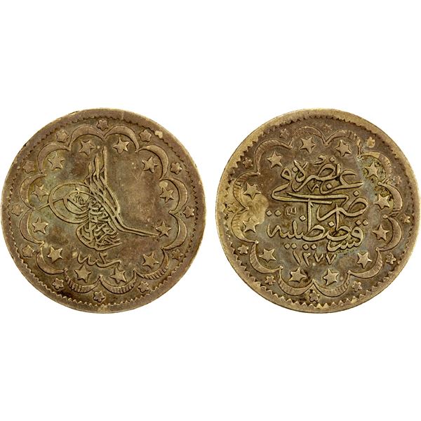 TURKEY: Abdul Aziz, 1861-1876, AR 10 kurush, AH1277 year 2, XF