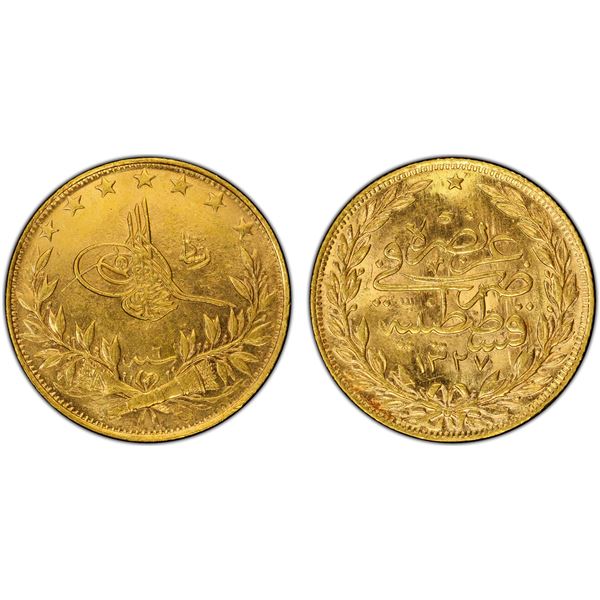 TURKEY: Mehmet V, 1909-1918, AV 100 kurush, Kostantiniye, AH1327 year 6, PCGS MS62