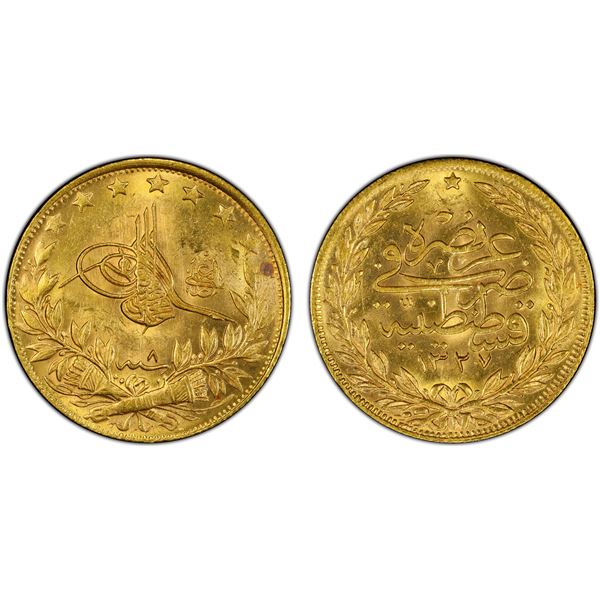 TURKEY: Mehmet V, 1909-1918, AV 100 kurush, Kostantiniye, AH1327 year 8, PCGS MS63