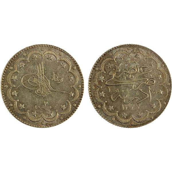 TURKEY: Mehmet V, 1909-1918, AR 10 kurush, Edirne, AH1327 year 2, AU