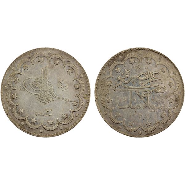 TURKEY: Mehmet V, 1909-1918, AR 10 kurush, Salonika, AH1327 year 3, XF