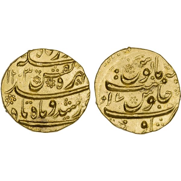 DURRANI: Taimur Shah, 1772-1793, AV mohur (10.97g), Peshawar, AH1203 year 17, choice AU