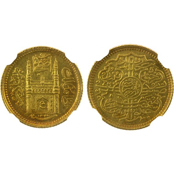 HYDERABAD: Mir Usman Ali Khan, 1911-1948, AV 1/4 ashrafi, Farkhanda Bunyad, AH1337 year 8, NGC MS66