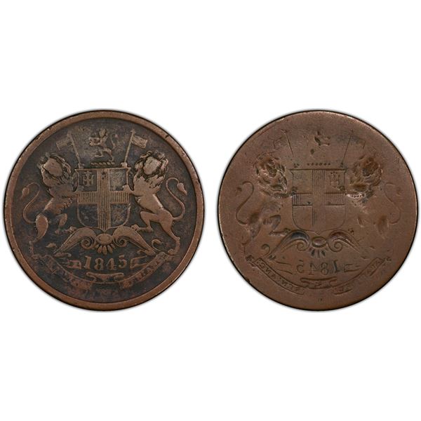 BRITISH INDIA: William IV, 1830-1837, AE 1/2 anna, 1845(c), PCGS F15