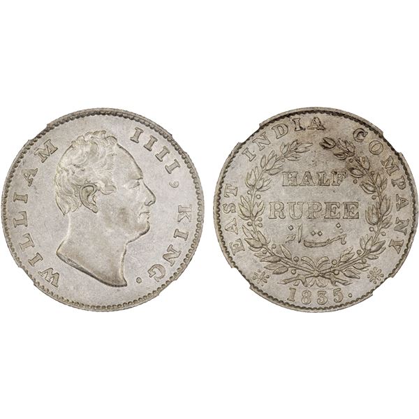 BRITISH INDIA: William IV, 1830-1837, AR 1/2 rupee, 1835(b), NGC AU58